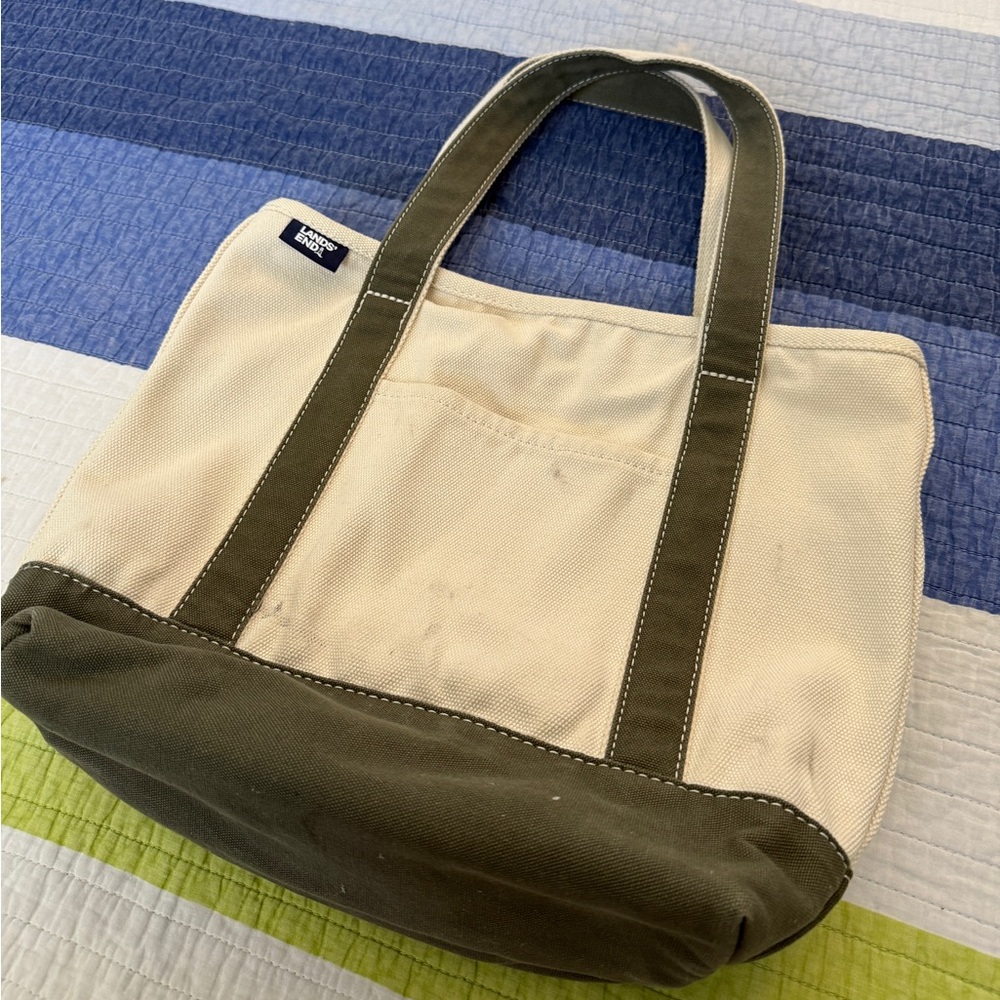 Lands' End Cream and Olive Tote Bag - Picture 2 of 7